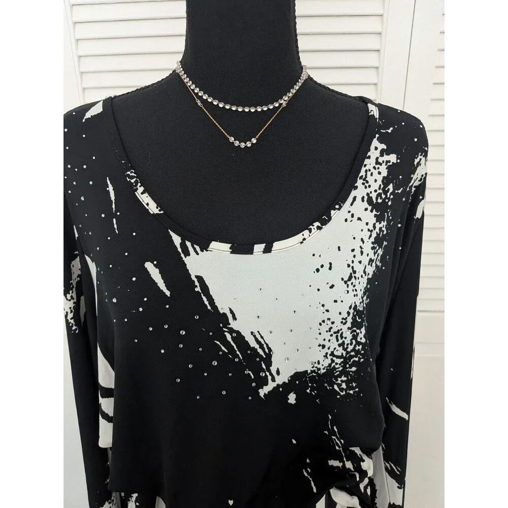 Vivica A. Fox Jumpsuit Women 1X Black Wht Bell-Slv Abstract Splatter Art To Wear